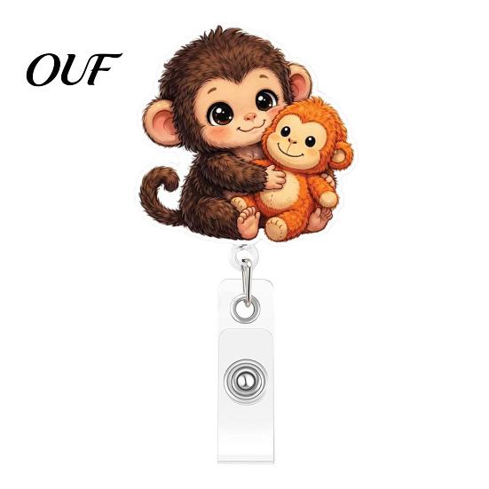 Acrylic Badge Clip for Nurses Retractable Holder, Cute Monkey Pattern Print 360 Degree Rotating Telescopic Reel Teachers Clip, Easy-pull Office Staff