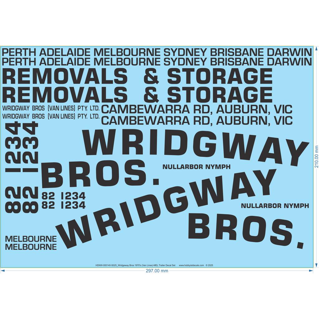 Wridgeway Bros 1970's (Van Lines)-MEL Trailer Decal Set - 1/25- Water Decal