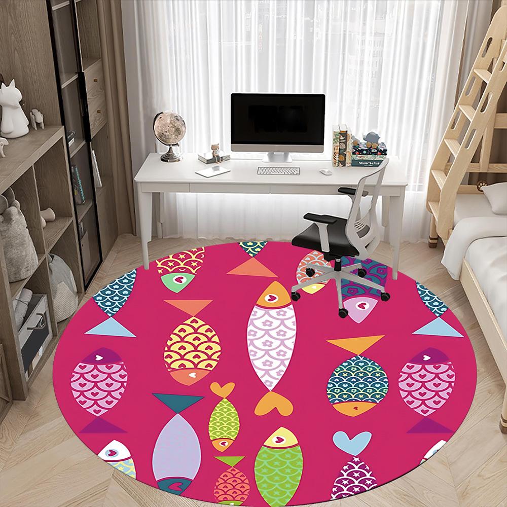 1pc Fishes Pattern Office Round Area Rug, Indoor Mat Suitable For Office, Under Office Chairs Bedroom Living Room Home Decor, Room Deco 045