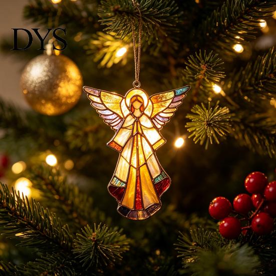 Christmas Gift Tags for Friends Stained Glass Style Angel Ornament, 2D Acrylic Tree Hanging Retro Holiday Party Supplies Decoration with Gold String,