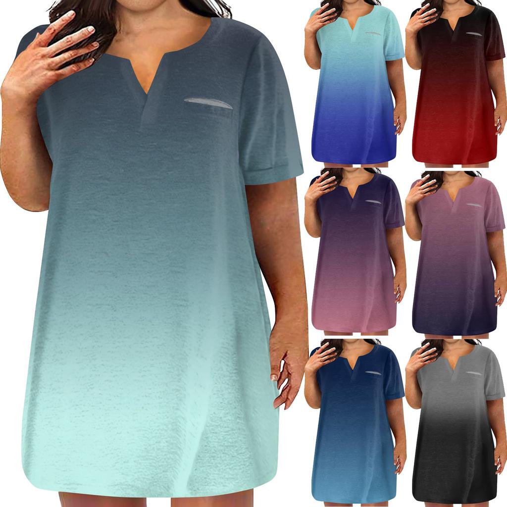 Женские платья больших размеров с V-образным вырезом и коротким рукавом, летнее повседневное платье-туника с карманом