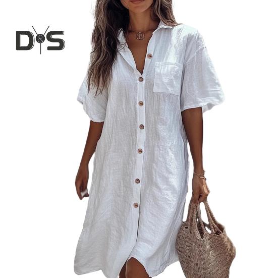 Women Shirt Lapel Short Sleeve Casual Commuter Style Shirt Solid Color Loose Fit Buttons Placket Work Shirt