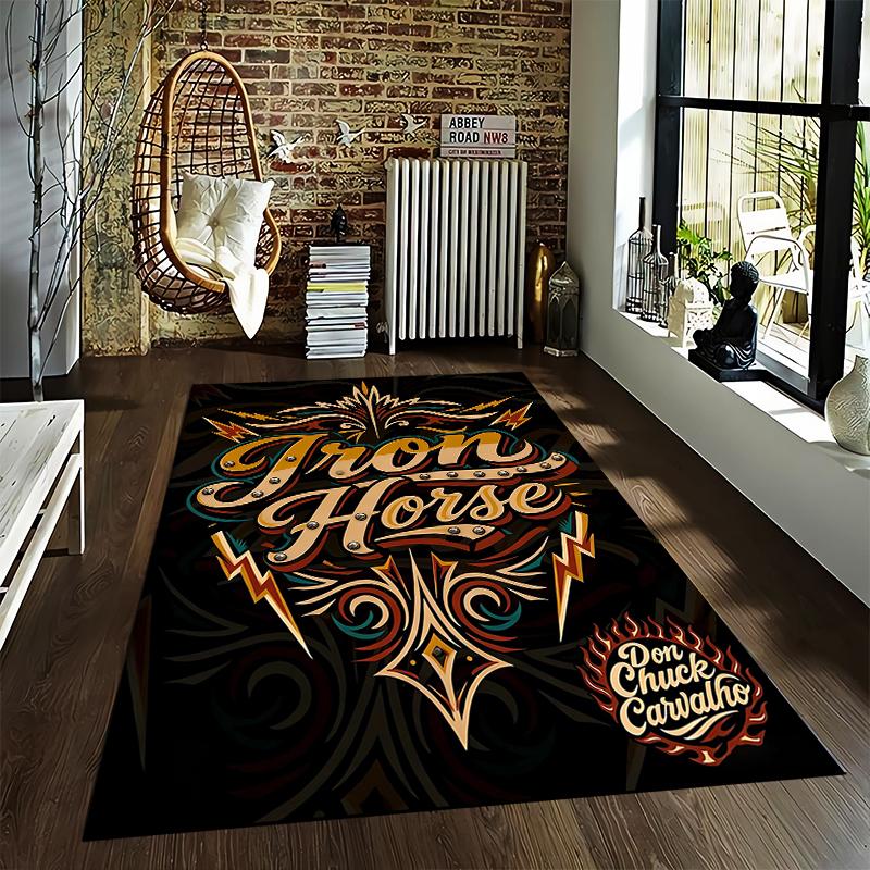 Vintage-Style Iron Horse Carpet with Lightning and Tribal Design Suitable for use as an anti-slip for living room bedroom sofas