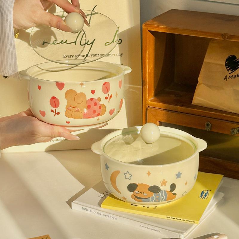 Ins ветер милая двуушная миска для лапши быстрого приготовления с крышкой домашняя новая миска для лапши кремовый ветер керамическая миска цвета улитки