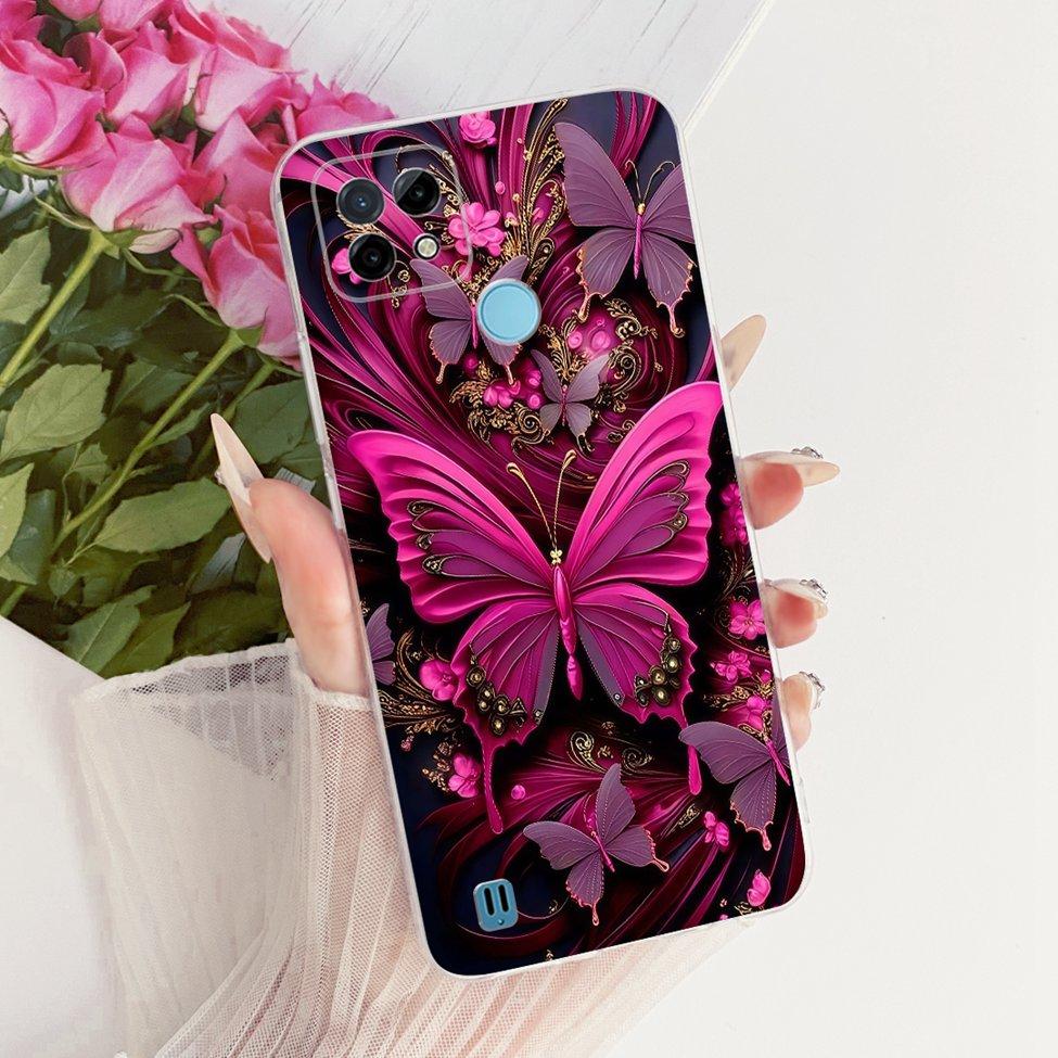 Clear Cover For Realme C21 Case RMX3201 Cute Cat Fashion Butterfly Funny Painted Phone Casing For Real me C21