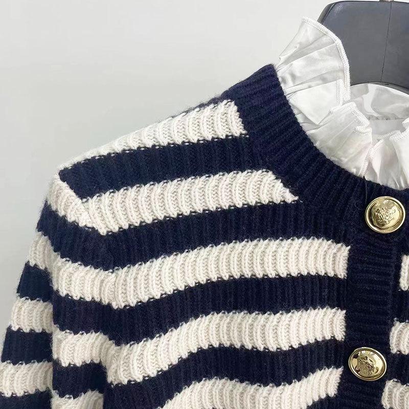 Женский полосатый вязаный кардиган с воротником «лепесток лотоса» на осень/зиму 2023 года - Элегантный шерстяной свитер в стиле «маленький аромат»