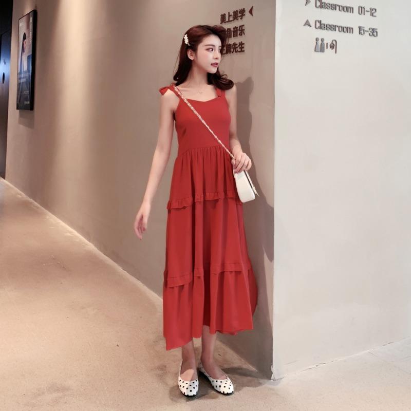 Летнее новое однотонное платье с бантом и сексуальными бретельками, женское ретро-платье с высокой талией, повседневное свободное длинное платье, женское модное облегающее элегантное платье с оборками 26371