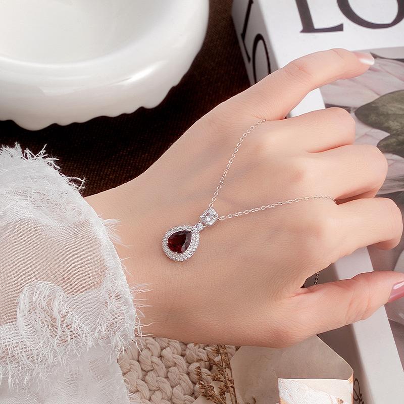 S925 Sterling Silver Necklace Women's Natural Stone Water Drop Pendant Crystal Stone Clavicle Chain Dress Accessories