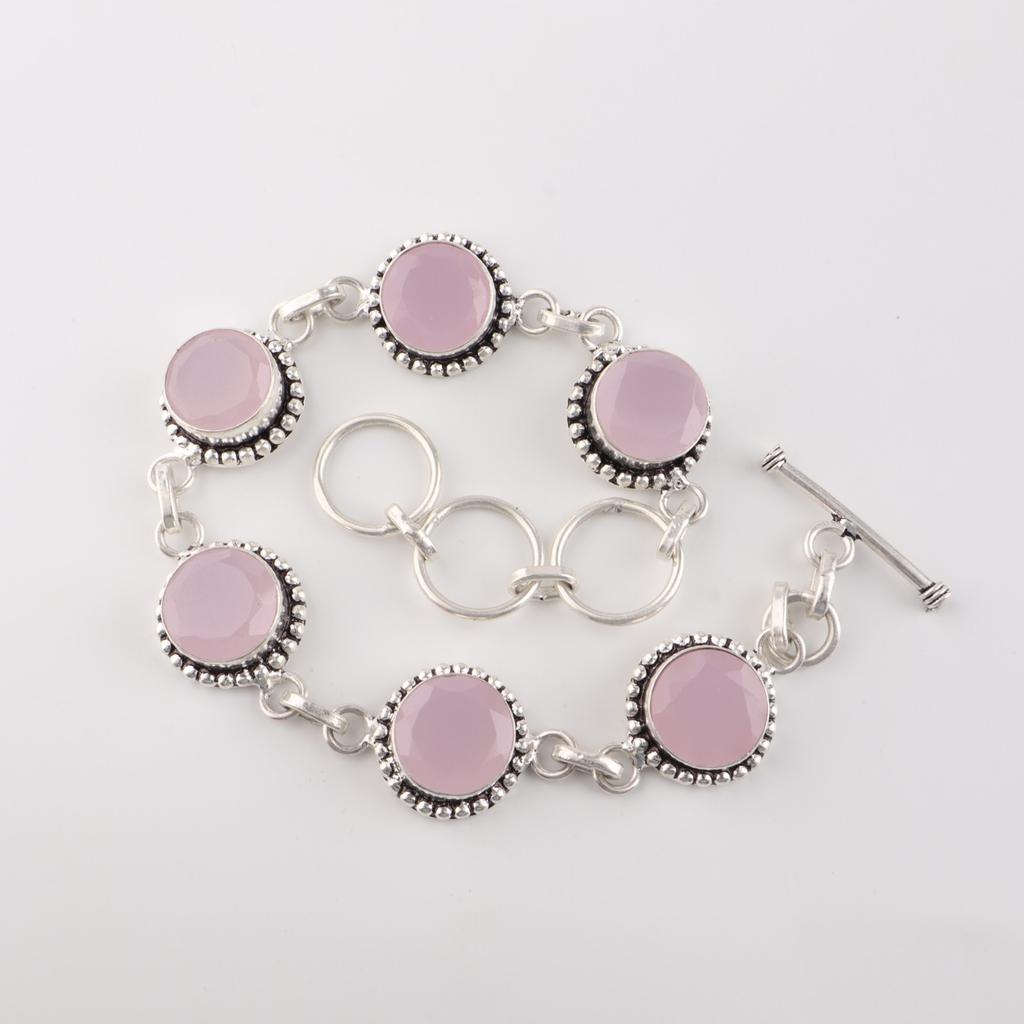 Розовый халцедон драгоценный камень 925 стерлинговое серебро ювелирные изделия ручной работы браслет 7-9" RB-17-14