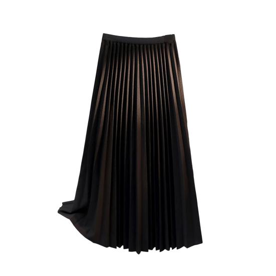 Women Pleated Skirt Elastic High Waist A-Line Long Skirt Solid Color Comfortable Fabric Versatile Skirt Daily Wear