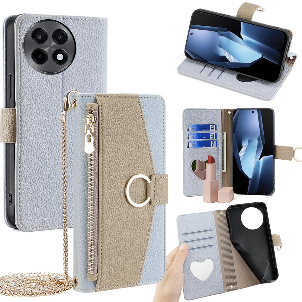 For OnePlus Ace 5 5G/5 Pro 5G Case Mirror Wallet Leather Phone Cover with Chain Shoulder Strap