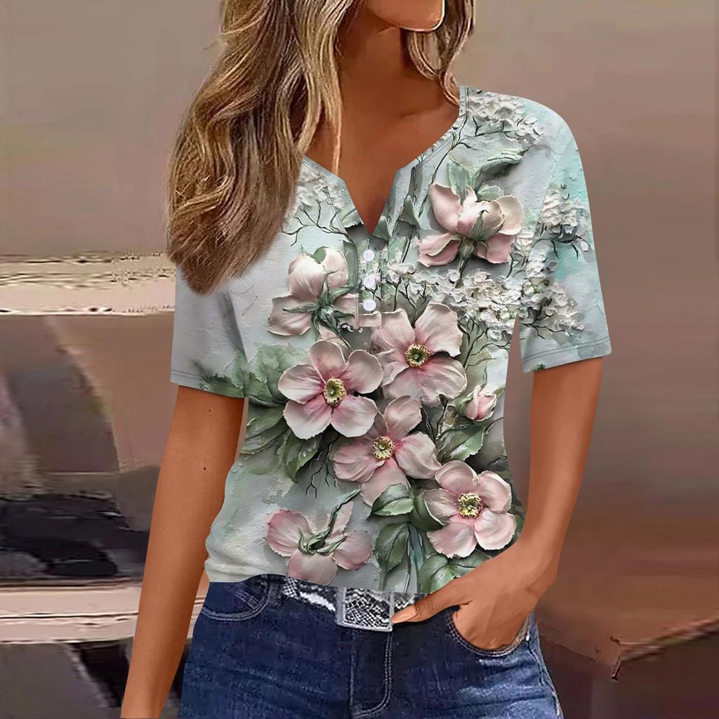 Женская повседневная футболка с v-образным вырезом и коротким рукавом с цветочным принтом и декоративными пуговицами, топ