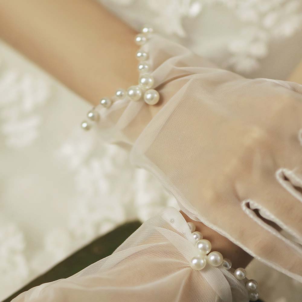 Sexy Transparent Lace White Bridal Girl Pearl Finger Gloves Bow Tulle Mittens Short Wedding Gloves