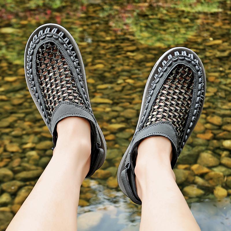 Мужские походные сандалии ручной работы, летние черные римские сандалии, широкие пляжные туфли для воды, большие размеры