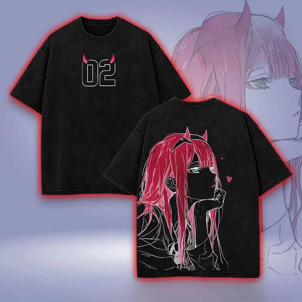 Anime Zero Two DARLING in The FRANXX Manga Graphic Print T-shirt Men Women Vintage Washed O-neck Cotton Oversized Top Streetwear Hip Hop HarajukuTee