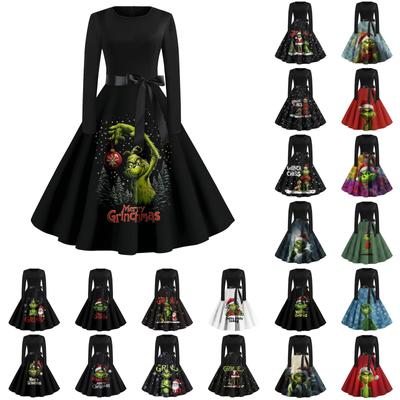 Женское повседневное модное платье с длинным рукавом и принтом, вечернее повседневное платье с круглым вырезом