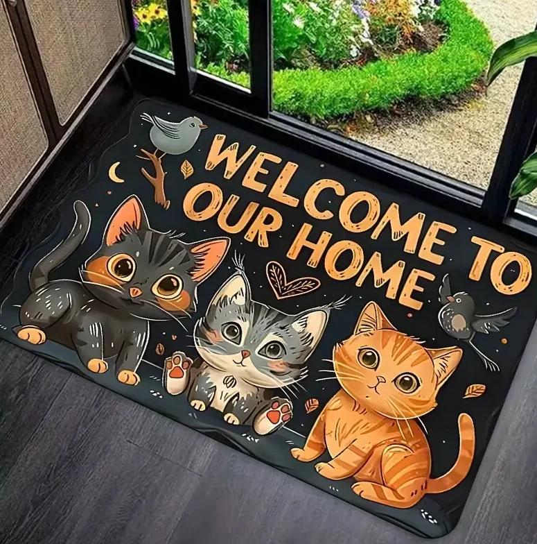 Cute Cat Pattern Door Mat "Goodbye" and "Hello!" Welcome Floor Mat Perfect Entrance Living Room Kitchen Door Mats Decoration