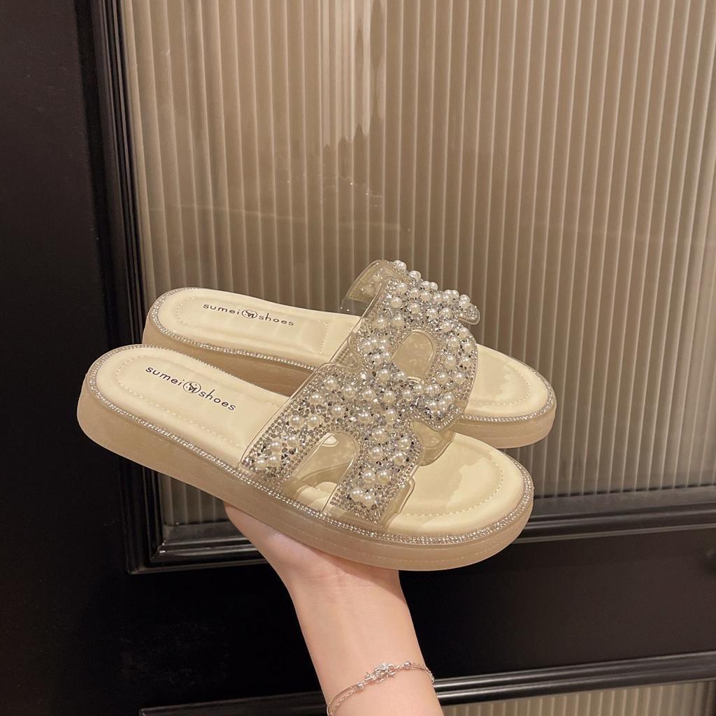 Thick-bottomed Pearl Slippers Outer Wear Women's Summer 2025 New Flat-bottomed Fashion with Skirts Fairy Beach One-word Sandals