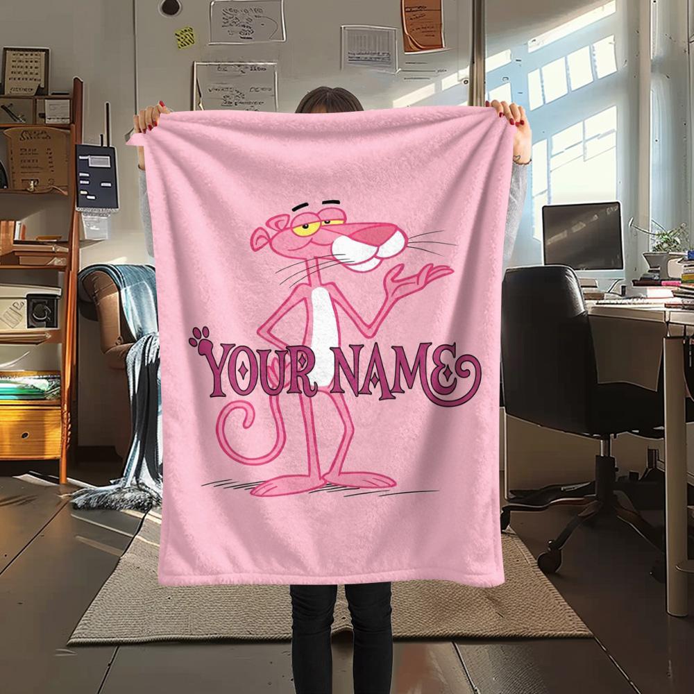 1PC Pink Panther Party Custom Name Patterned Flannel Blanket Suitable For All Seasons For Home Decor Warmth And Comfort Gifts Holiday Present