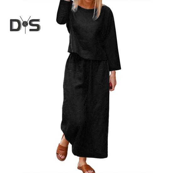 2 Pcs/Set Fall Spring Women Top Pants Set Long Sleeves Round Neck T-shirt Elastic Waist Trousers with Side Pockets OL Commuting Sport Pantsuit Outfit