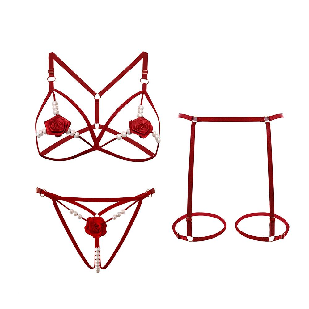 Floral Hollow Out Sexy Lingerie Set for Women Three Pcs Set Erotic Women's Underwear Erotic Outfit Open Bra Bodysuit Temptation