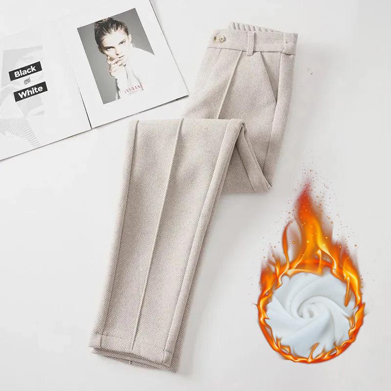 Брюки с высокой талией из смеси шерсти, женские зимние утолщенные шаровары с плюшевой подкладкой, повседневные теплые шерстяные брюки длиной до щиколотки