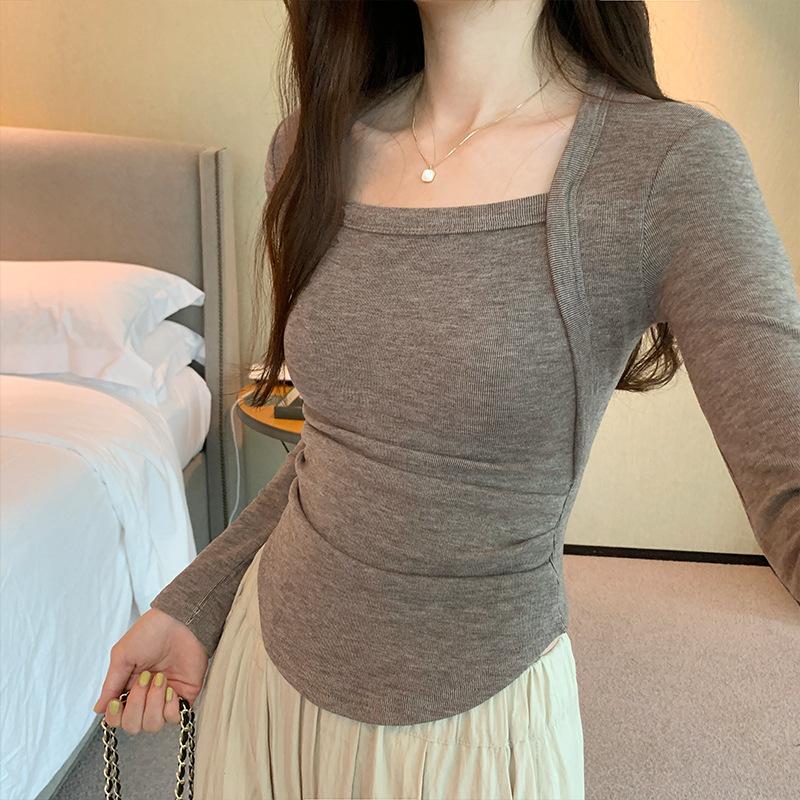 Square Collar Long Sleeve Woolen T-shirt Women's New Autumn and Winter Plus Fleece Spice Girl Short Top Tight Waist Closing Bottom Shirt