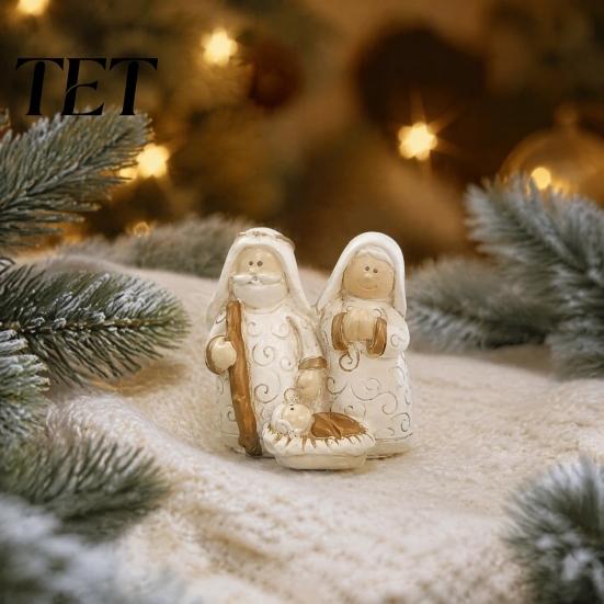 Religious Christmas Room Decor Mini Resin Nativity Figurine for Desktop Decor, Holy Family Manger Miniature Character Sets Scene Ornaments,