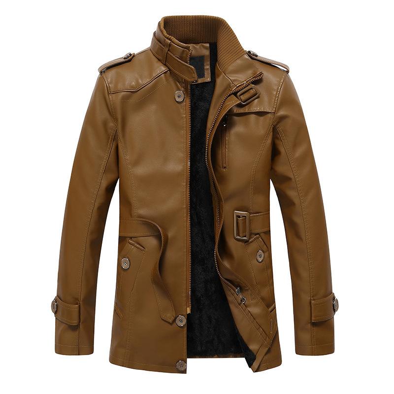 Men's stand-up collar leather jacket medium and long European and American original single fleece thickened locomotive imitation leather jacket