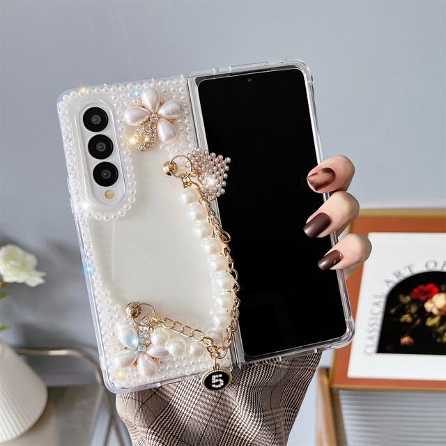 Для Samsung Galaxy Z Fold 4 милый чехол для женщин и девочек, роскошный 3d блестящий жемчужный ремешок ручной работы с цепочкой и бриллиантами, блестящий чехол