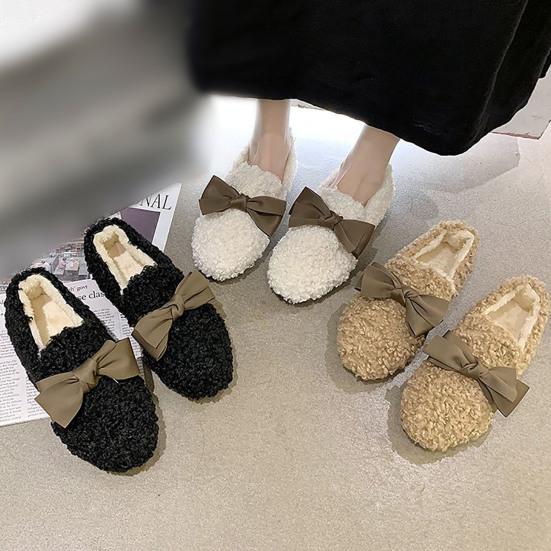 Women Autumn Winter Bowknot Anti-skid Thicken Warm Walking Loafers Shoes