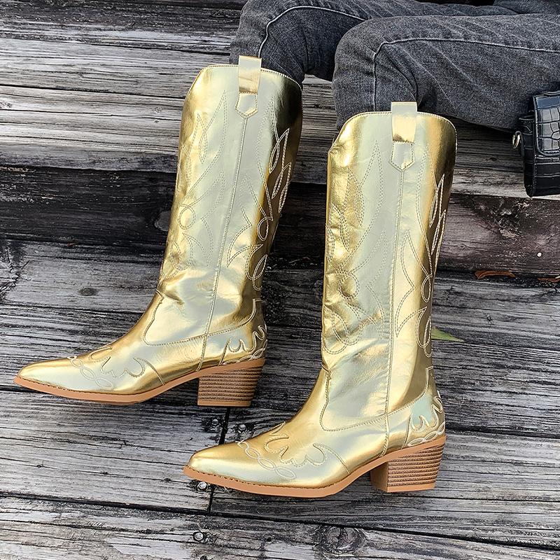 Вышитые массивные женские высокие сапоги с острым носком, дизайнерские туфли на среднем каблуке 2025 года, зимние туфли-лодочки до колена, челси, Botas De Mujer