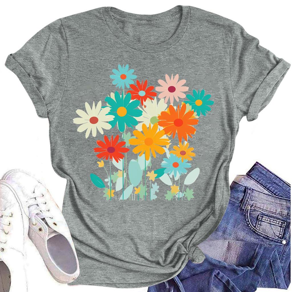 Женская повседневная футболка с круглым вырезом и цветочным принтом, короткий рукав