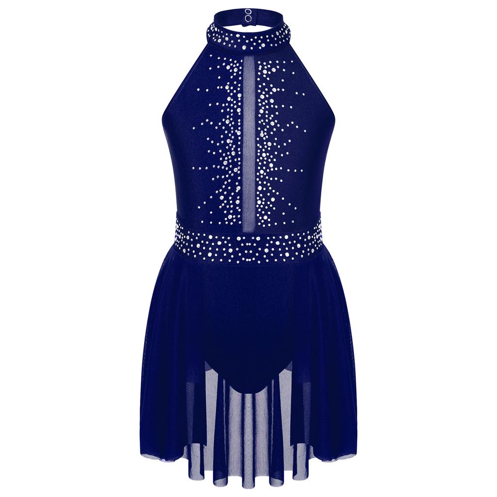 Girls Dance Performance Dress Sleeveless Mock Neck Shiny Rhinestones Decorated Cutout Back Leotard