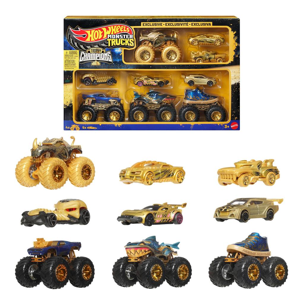 Hot Wheels Monster Truck Trophy Champion Includes 4 monster trucks and 5 mini cars vehicles Ages 3 and JND72 Multi-Pack (9 total). up. Gold.