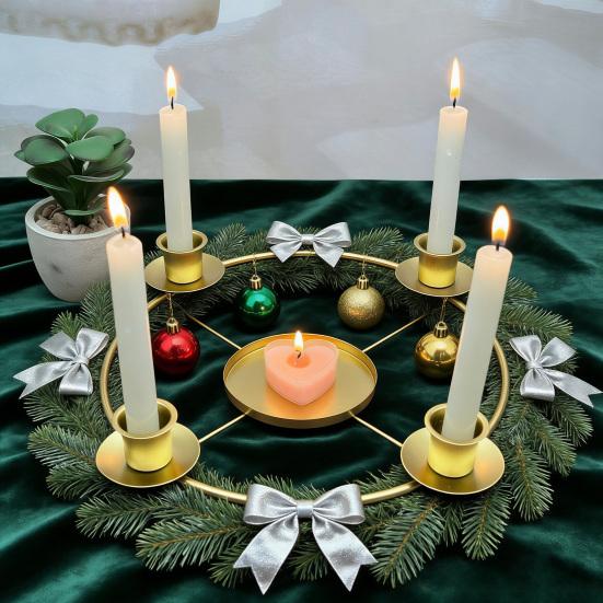 Advent Wreath Candle Holder Christmas Candle Ring Stand for 4/5 Taper Candles Gold Metal Advent Wreath Ring for Christmas Holiday Home Party Church