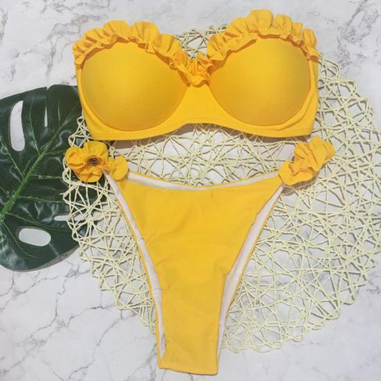 2Pcs/Set Women Summer Bikini Set Bandeau Ruffle Trim Bra Mid Rise Briefs Set Push Up Bathing Suit Split Design Swimsuit