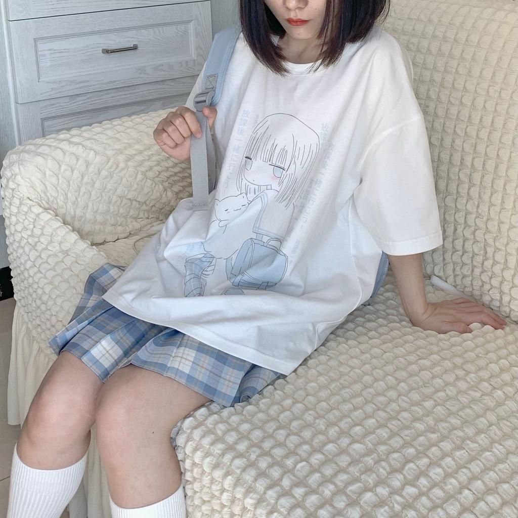 Japanese Kawaii Anime T Shirts Women Sweet Couples Cute Cartoon Print Tshirt Tees White Tops Summer