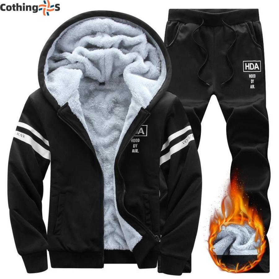 Большой размер Зимний мужской повседневный спортивный костюм с капюшоном Куртка Теплый утолщенный повседневный спортивный костюм из двух частей Мужской зимний
