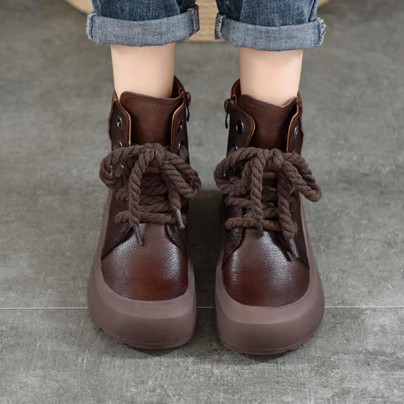 Johnature Ретро-ботинки из натуральной кожи, короткие, на шнуровке, на толстой подошве, плюшевые, теплые, хлопковые, женская обувь