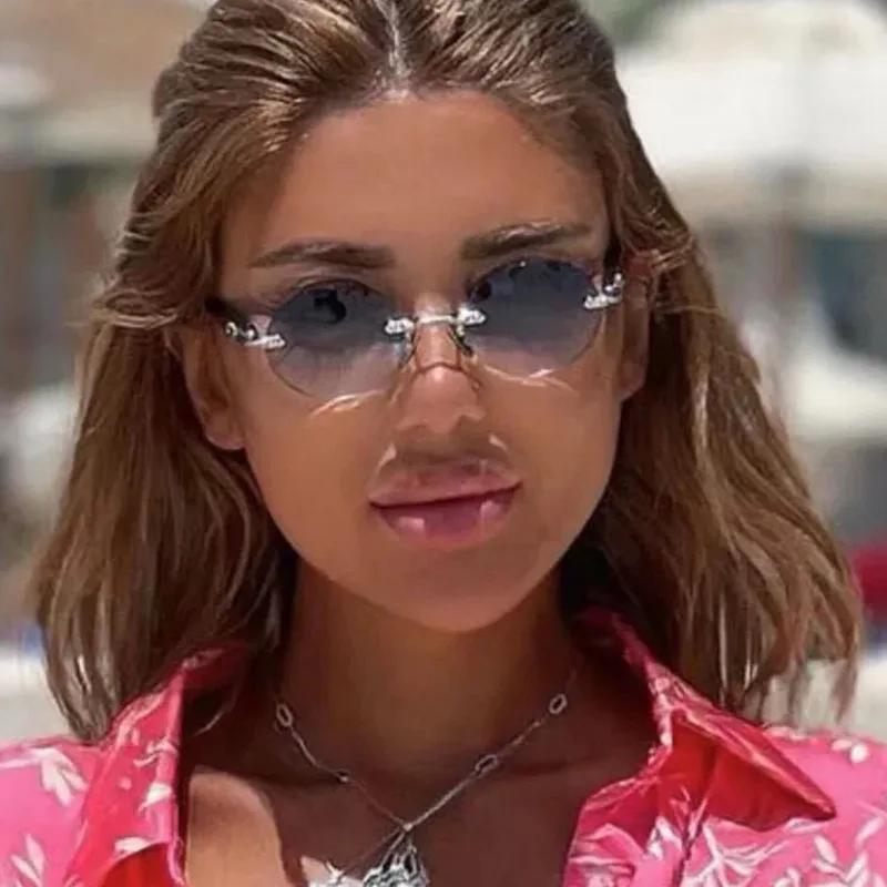 Новые модные металлические солнцезащитные очки без оправы Cut Edge Oval, женские градиентные цветные солнцезащитные очки, модные очки с линзами Ocean