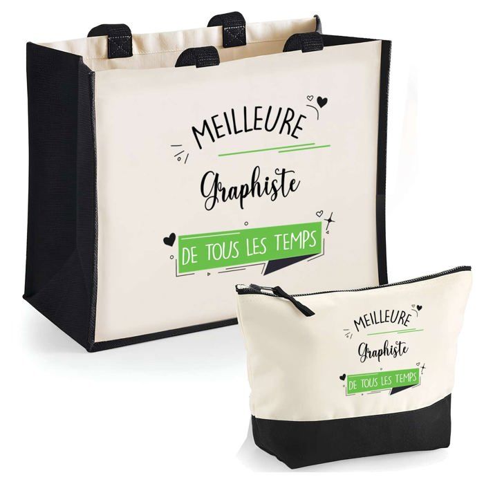 Tote bag - PLANETEE - Duo cabas jute « Graphiste meilleure de tous les temps » - Jute & coton - 33 x 42 cm - Fabrication française