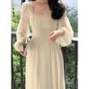 2024 Vestidos De Mujer Korean Chic Dress Women Square Collar Puff Sleeve Tunic Autumn Robe Vintage Lace Patchwork Maxi Dresses