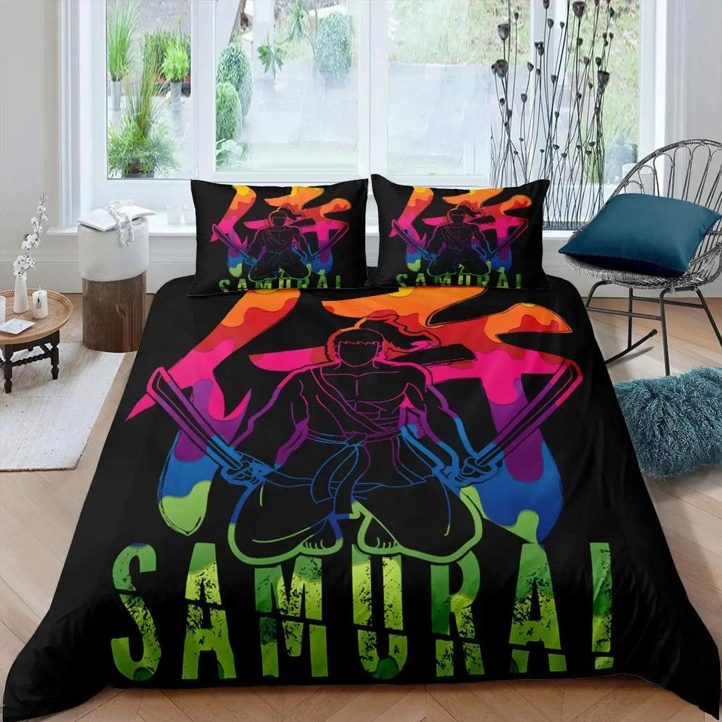 Samurai Duvet Cover Set Sunset Japanese Samurai Quilt Cover Scenery Silhouette Comforter Cover King Size 23pcs Twin Bedding Set