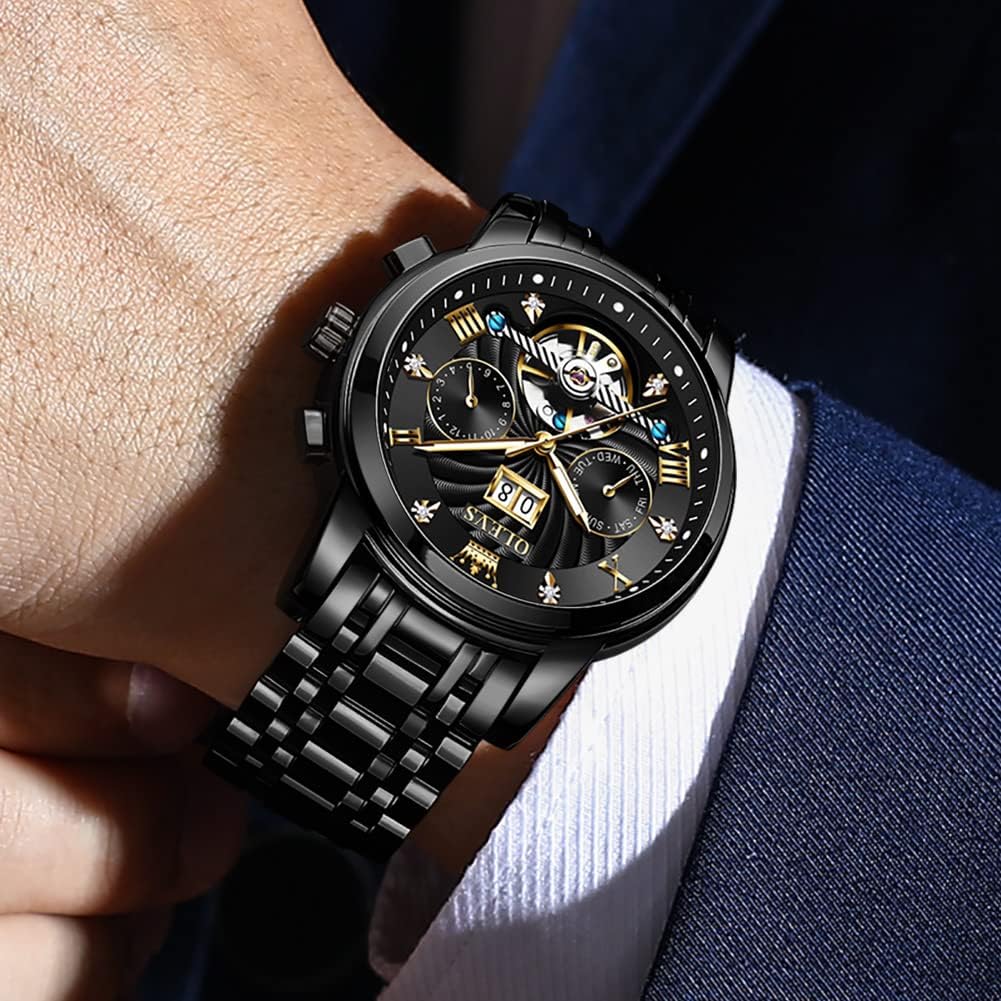 Стильные крутые черные автоматические скелетонированные водонепроницаемые светящиеся деловые модные наручные часы популярного бренда черного цвета [OLEVS] мужские [Товар]