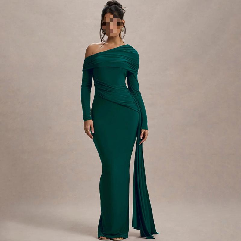 Европейское и американское модное платье с длинным рукавом, с косым воротником, сдержанного темперамента, однотонное, плиссированное, с завышенной талией