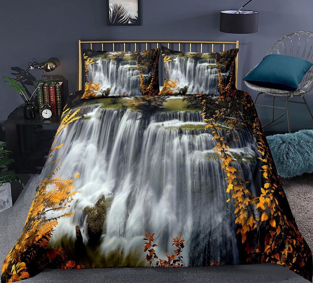 Комплект пододеяльников Nature Waterfall Flowing Down The Rocks Cascade Valley Image Декоративный комплект постельного белья из полиэстера с наволочкой