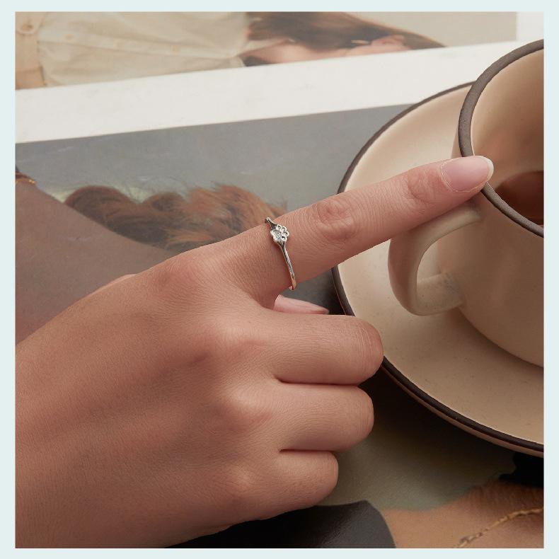 S925 Sterling Silver Cute Pet Paw Print Open Ring, Exquisite And Cute Girl Heart Adjustable Ring Jewelry