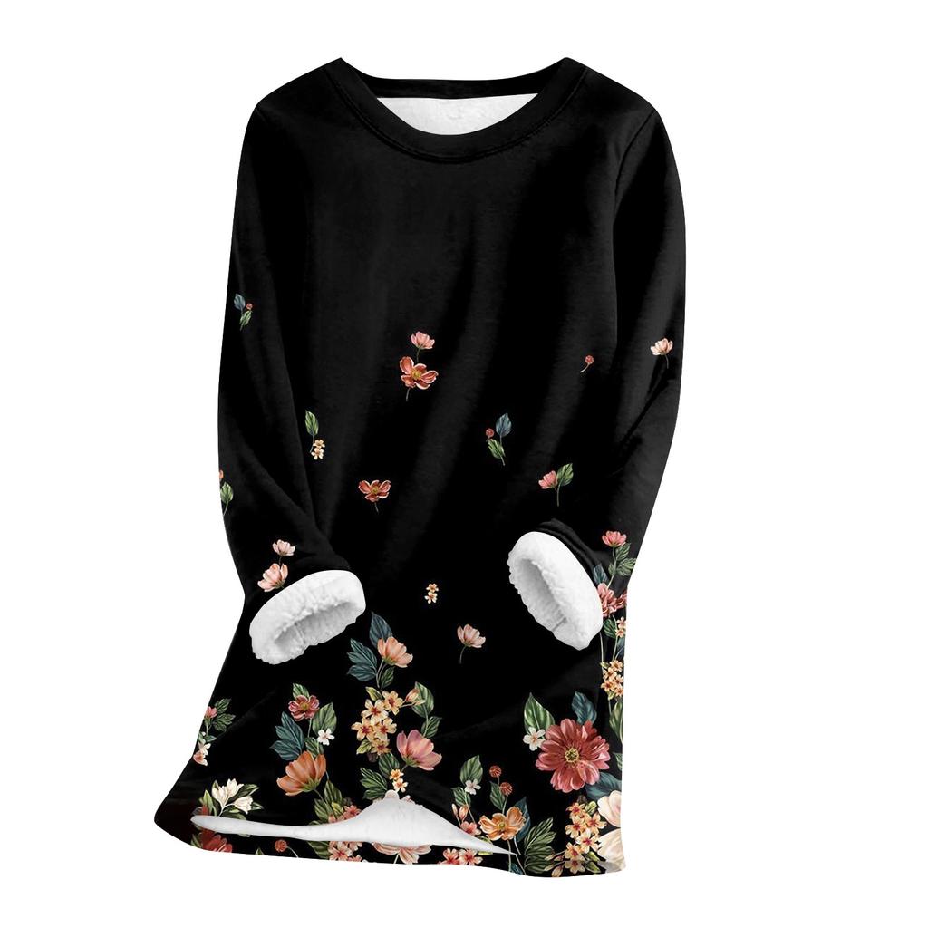 Женский топ с круглым вырезом и принтом из утолщенного плюша и кашемира, теплый длинный топ