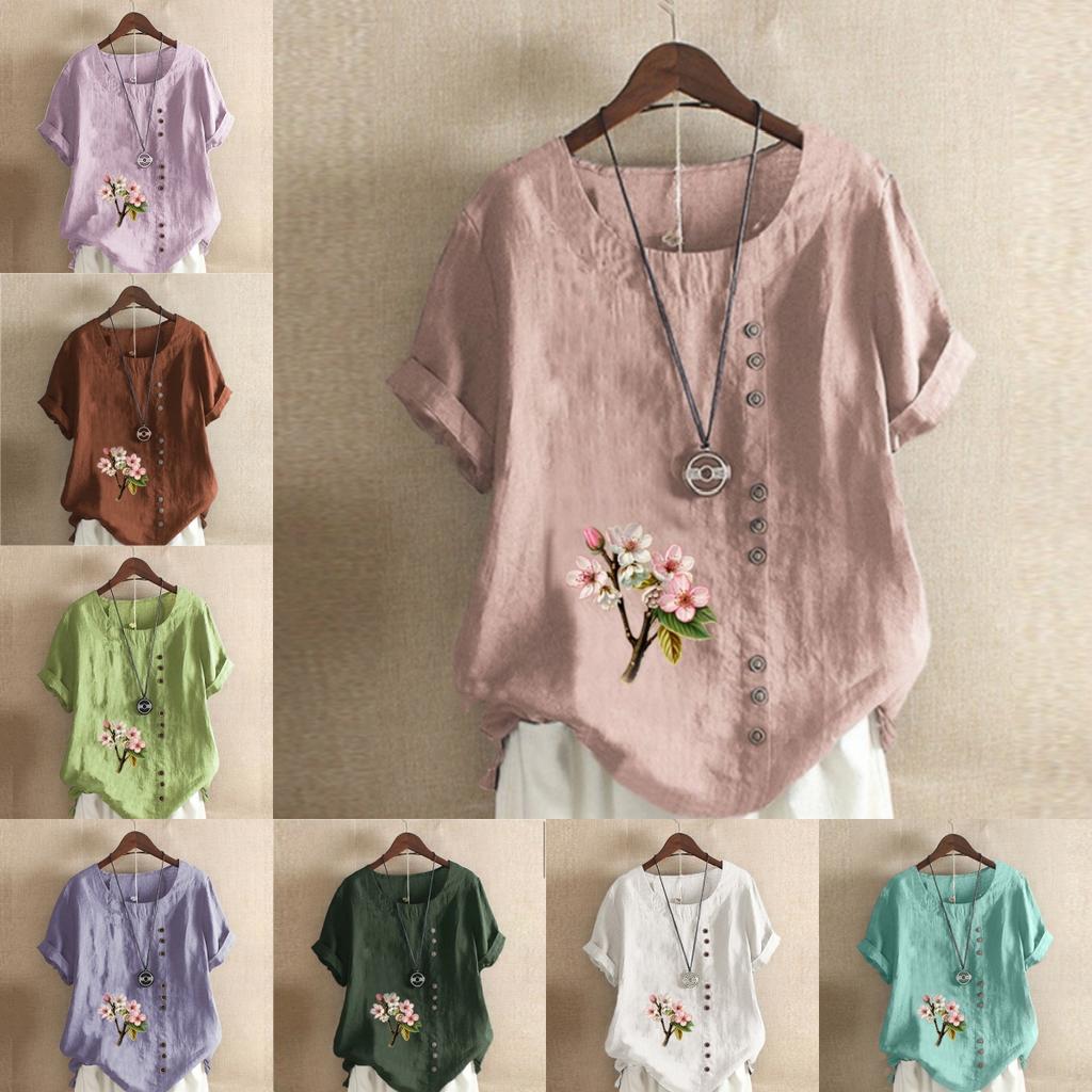 Женская модная футболка с круглым вырезом и коротким рукавом, повседневная хлопковая льняная рубашка с графическим принтом, свободная летняя блузка с цветочным принтом, топы